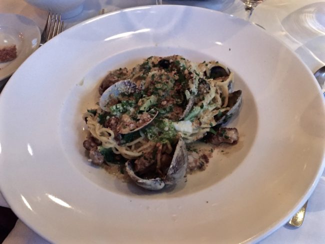House-made Spaghettini Pasta; Manila clams, pork sausage, spinach and lettuce with oyster cream sauce terrapin creek cafe