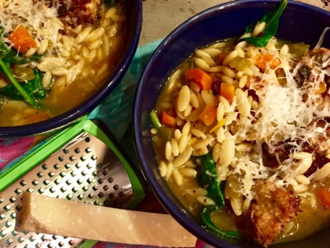 Italian Wedding Soup with Orzo and Spicy Chicken Meatballs