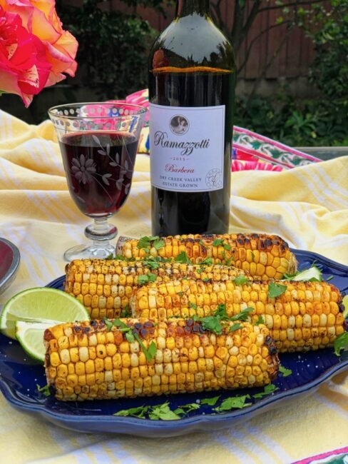 Jamie's Corn on the Cob with Chile Oil and Lime with a glass of red wine
