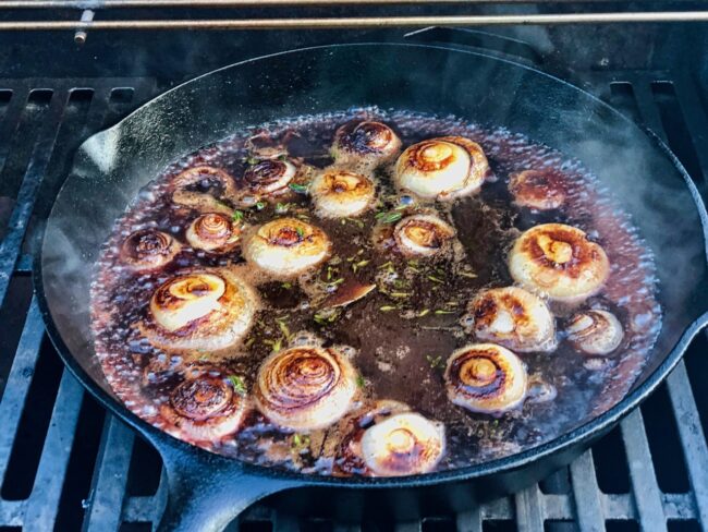 Sauteing Cipollini onions with red wine reduction
