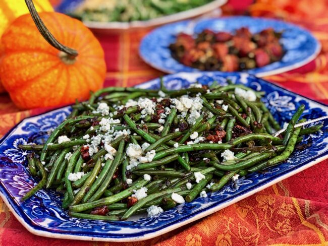Green Beans with Pancetta, Shallots, and Pecans ready to serve