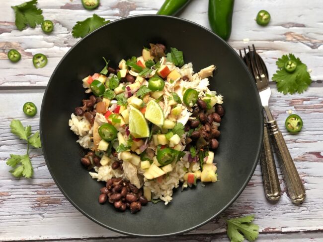 black beans and rice with chicken and apple salsa