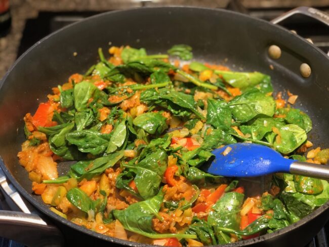 sautéing spinach and soy chorizo
