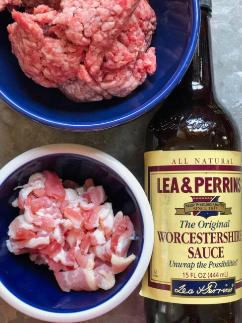 raw ground beef, pancetta, and Worcestershire Sauce