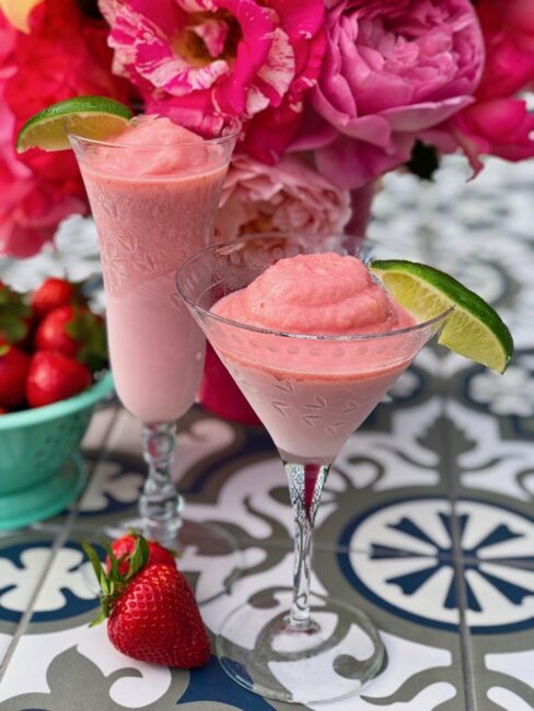 Strawberry Leche de Madre in a Martini Glass and Champagne Flute