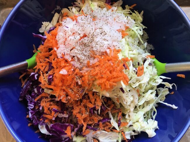 salad bowl with cabbages, carrots and white onion