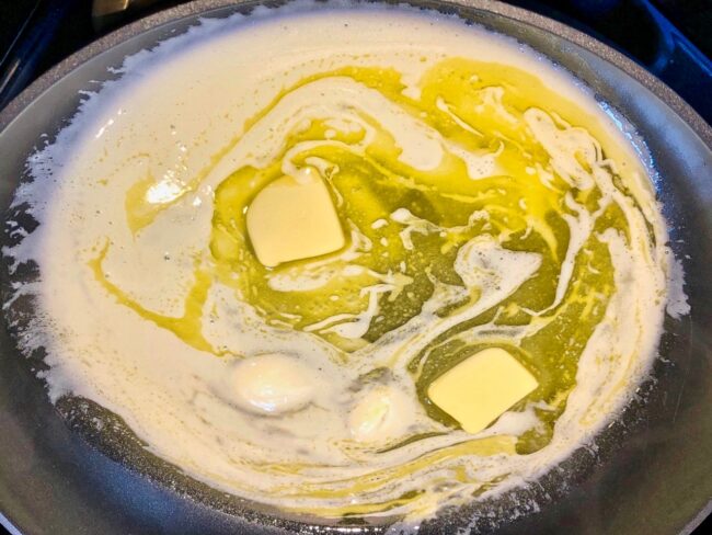 combining the eggs, butter and crème fraîche